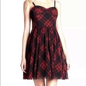 Betsey Johnson red and black tartan plaid fit and flare and flare skater dress.